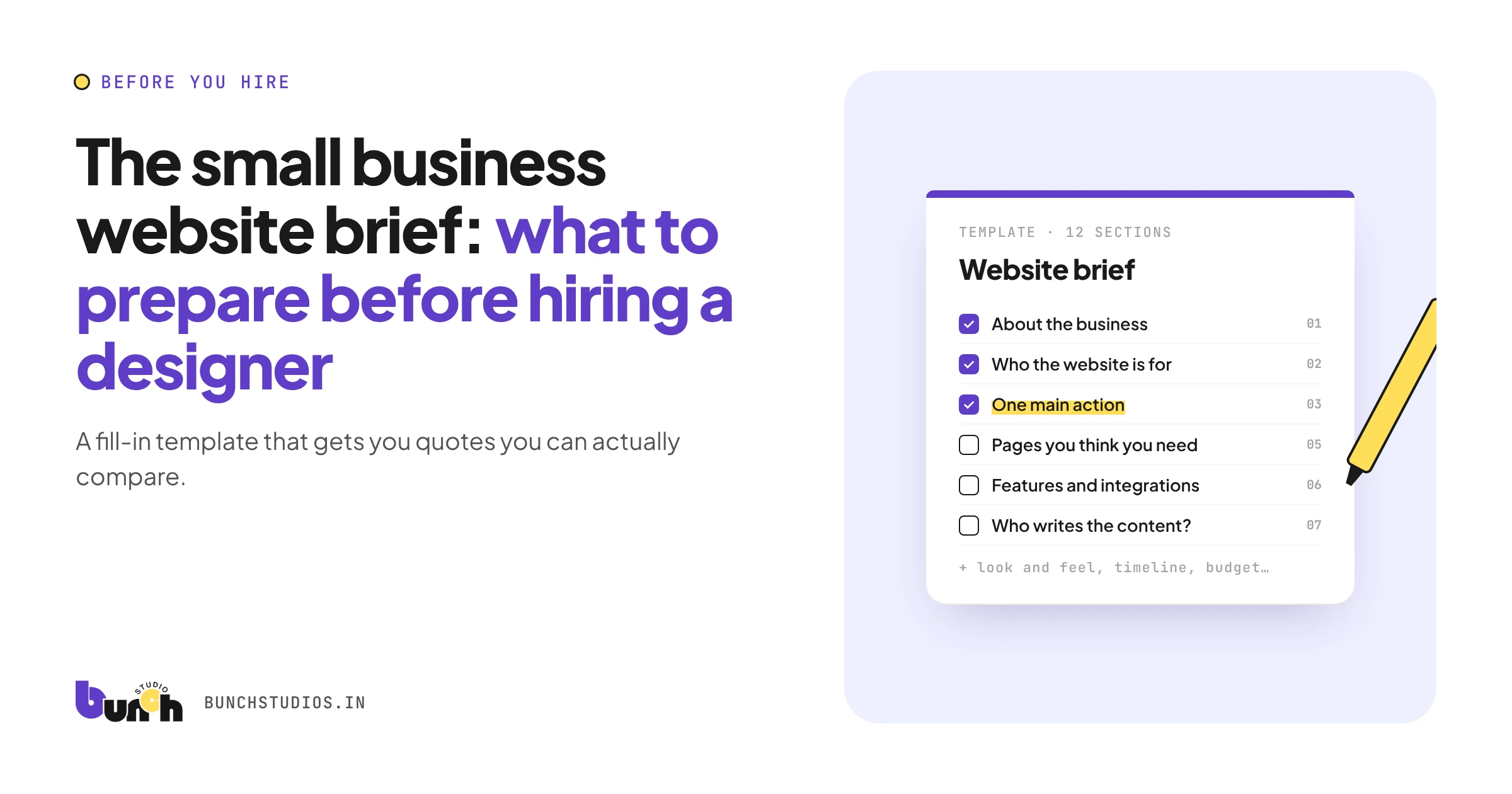 Cover graphic for a small business website brief template, showing a brief checklist being filled in